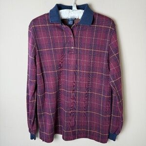 Vintage Lands End Long Sleeve Polo Shirt Womens Small Burgundy Navy Plaid Preppy